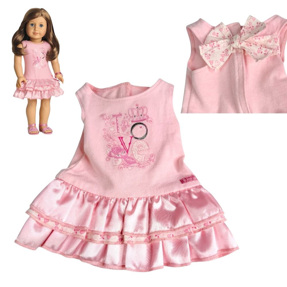 American Girl Pretty Pink Dress Sequin Glitter Stitch Love Ruffle Dress Bow Back